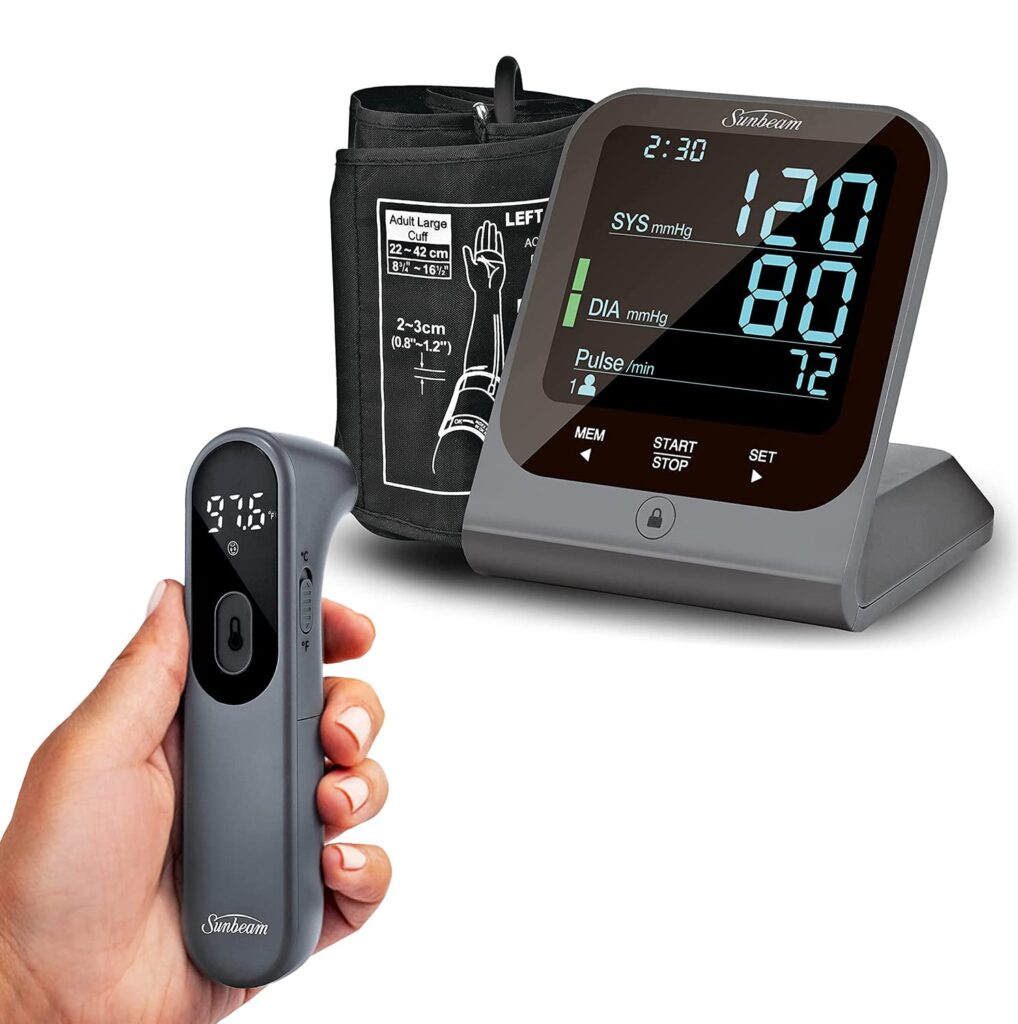 Sunbeam Touchless Body + Object Thermometer  Premium Upper Arm Blood Pressure Monitor