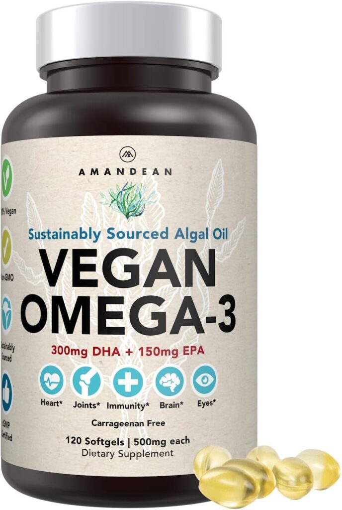 Amandean Vegan Omega 3 Supplement. Premium Fish Oil Alternative! Algae DHA  EPA. 120 Carrageenan Free Softgels. Algal Essential Fatty Acids. Plant Based Heart, Skin, Brain, Eye, Immune Support.