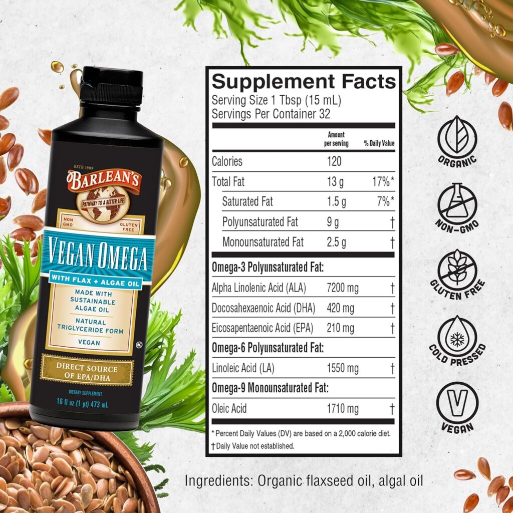 Barleans Vegan Omega Liquid Flax and Algae Oil Plant Based EPA DHA Supplement from Algal Oil and Organic Flaxseed, Omegas 3 6 and 9 Fatty Acid Supplements, 16 Ounces