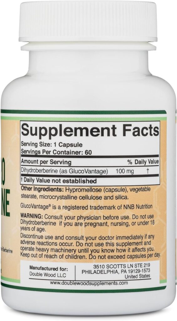 Dihydroberberine Supplement 100mg, 60 Capsules (Patented GlucoVantage Super Berberine, May be 5X More Effective Than Berberine with Less Side Effects) Third Party Tested, Vegan Safe by Double Wood