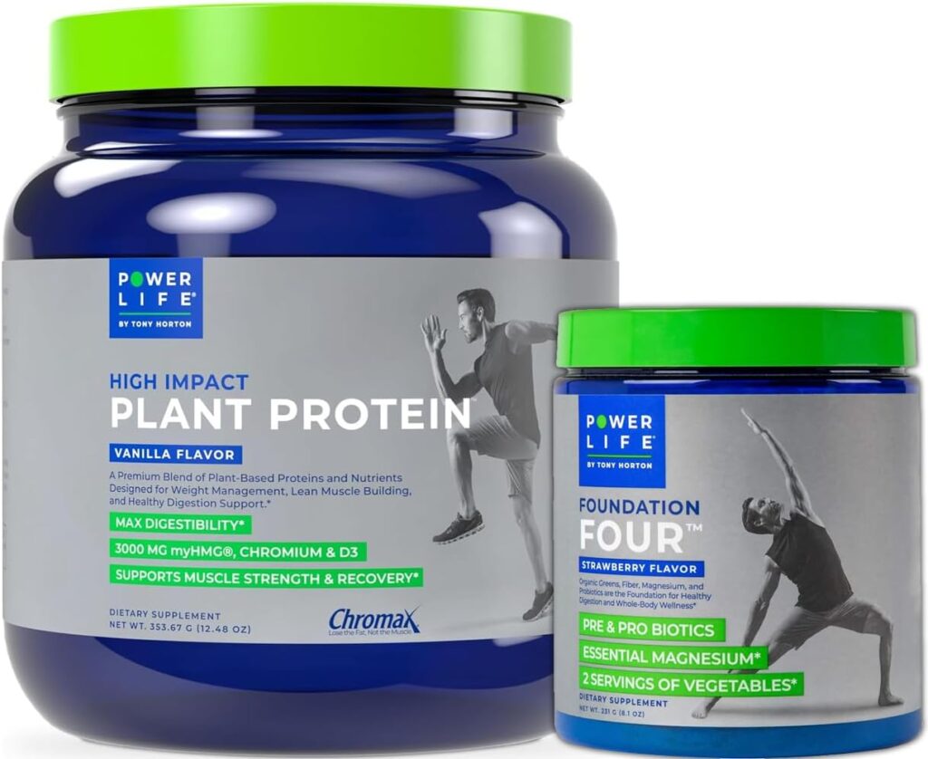 POWERLIFE Tony Horton High Impact Plant Protein Powder with 3000 MG of HMB (Vanilla - New Formula) Foundation Four Greens Drink with Pre  Pro Biotics, Essential Magnesium (Strawberry)