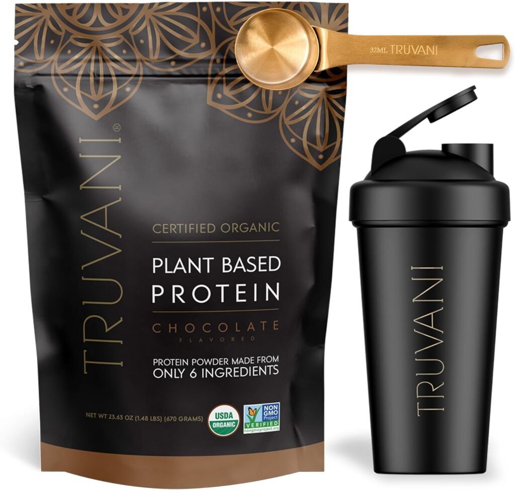 Truvani Vegan Chocolate Protein Powder with Shaker Cup  Scoop Bundle - 20g of Organic Plant Based Protein Powder - Includes Stainless Steel Shaker Cup  Durable Protein Metal Scoop