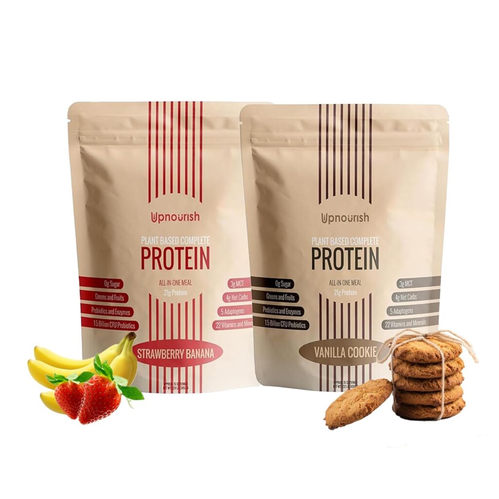 UpNourish Plant-Based Protein Meal Replacement Shakes - Keto, Vegan-Friendly, Gluten and Dairy-Free Smoothies with Essential Nutrients - Strawberry Banana and Vanilla Cookie - 15 Servings Each