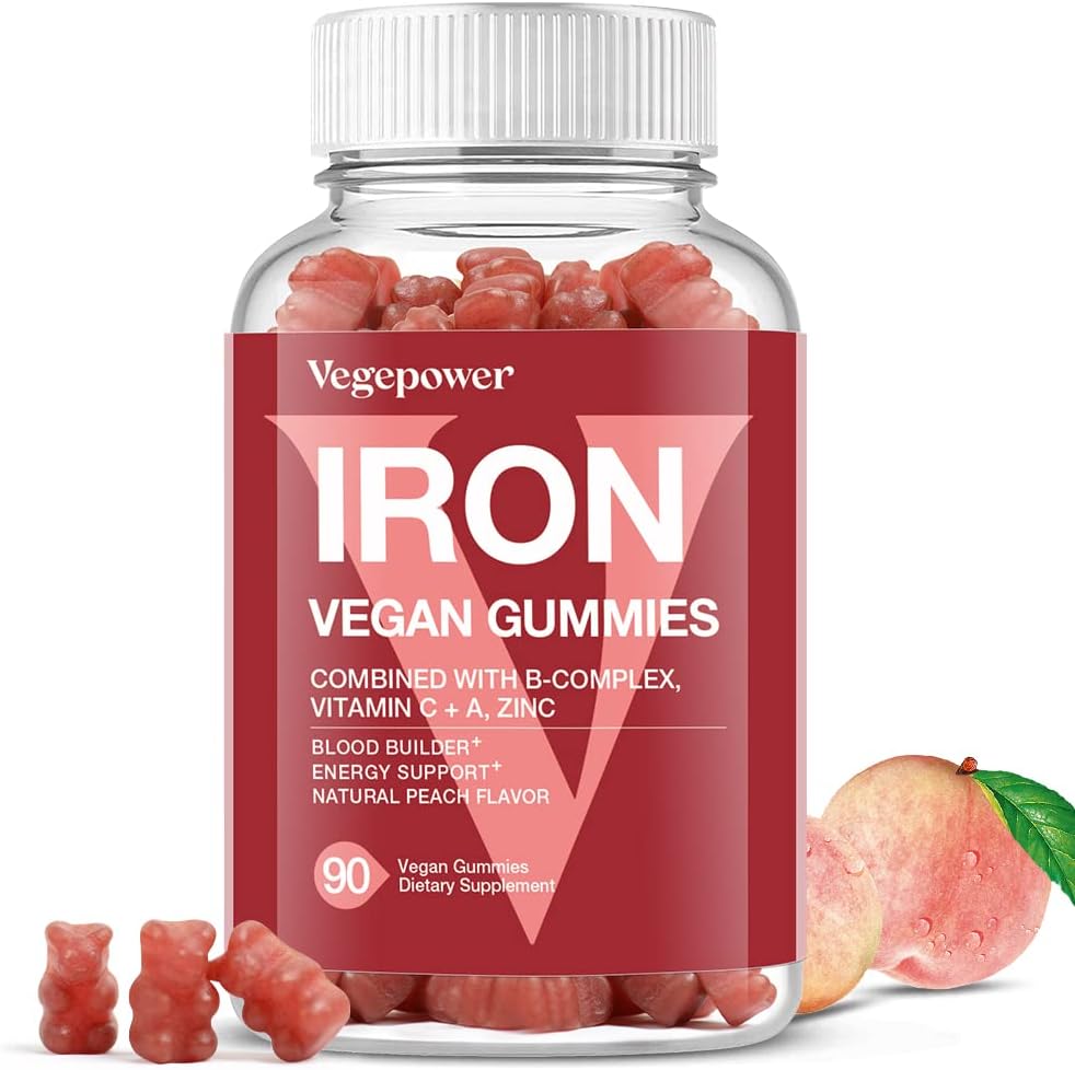 Vegan Iron Gummies Supplement - with Vitamin C, A, B-Complex, Folate, Zinc for Adults  Kids - Blood Builder  Energy Support for Iron Deficiency, Anemia, No After Taste - Peach Flavor (90 Ct)