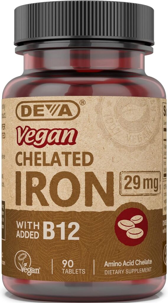 Deva Nutrition Vegan Chelated Iron 29 mg Fortified with B-12 - High Potency, Easy to Swallow - 90 Tablets, 1-Pack