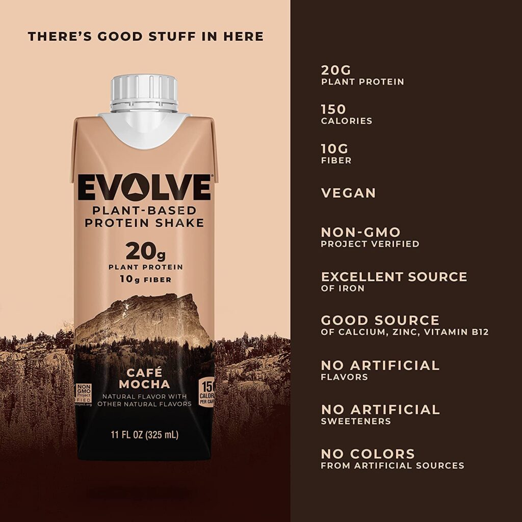 Evolve Plant Based Protein Shake, Double Chocolate, 20g Vegan Protein, Dairy Free, No Artificial Sweeteners, Non-GMO, 10g Fiber, 11 Fl Oz (Pack of 12) - (Formula May Vary)