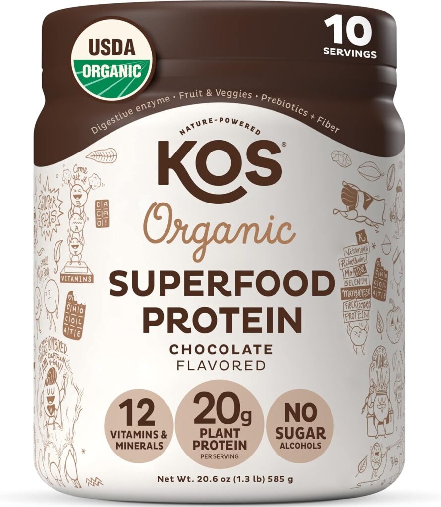 KOS Vegan Protein Powder, Chocolate Peanut Butter - Low Carb Pea Protein Blend, USDA Organic Superfood with Vitamins  Minerals - Keto, Soy, Dairy Free - Meal Replacement for Women  Men - 10 Servings