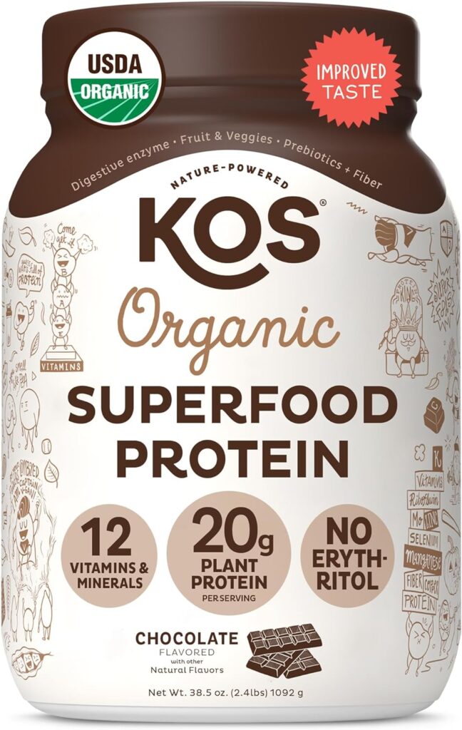 KOS Vegan Protein Powder Erythritol Free, Chocolate - Organic Pea Protein Blend, Plant Based Superfood Rich in Vitamins  Minerals - Keto, Dairy Free - Meal Replacement for Women  Men, 28 Servings