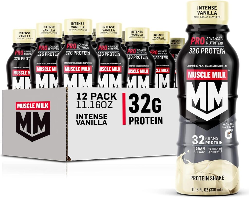 Muscle Milk Pro Advanced Nutrition Protein Shake, Slammin Strawberry, 11 Fl Oz Carton, 12 Pack, 32g Protein, 1g Sugar, 16 Vitamins  Minerals, 5g Fiber, Workout Recovery, Bottle, Packaging May Vary