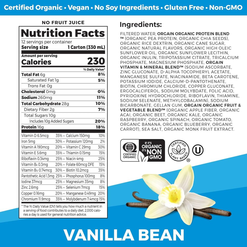 Orgain Organic Nutritional Vegan Protein Shake, Vanilla Bean - 16g Plant Based Protein, Meal Replacement, 21 Vitamins  Minerals, Gluten  Soy Free, 11 Fl Oz (Pack of 12) (Packaging May Vary)