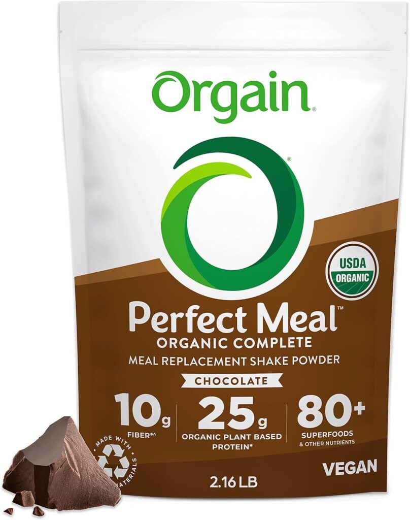 Orgain Organic Perfect Meal Replacement Protein Powder, Chocolate - 25g Plant Based Protein, 80+ Superfoods, Probiotics  Fiber, Gluten Free, Dairy and Soy Free, Vegan, For Smoothies  Shakes - 2.16lb