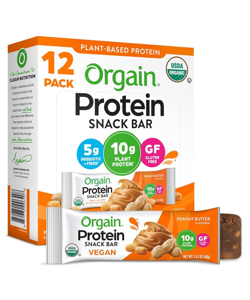 Orgain Organic Vegan Protein Bars, Peanut Butter - 10g Plant Based Protein, Gluten Free Snack Bar, Low Sugar, Dairy Free, Soy Free, Lactose Free, Non GMO, 1.41 Oz (12 Count)