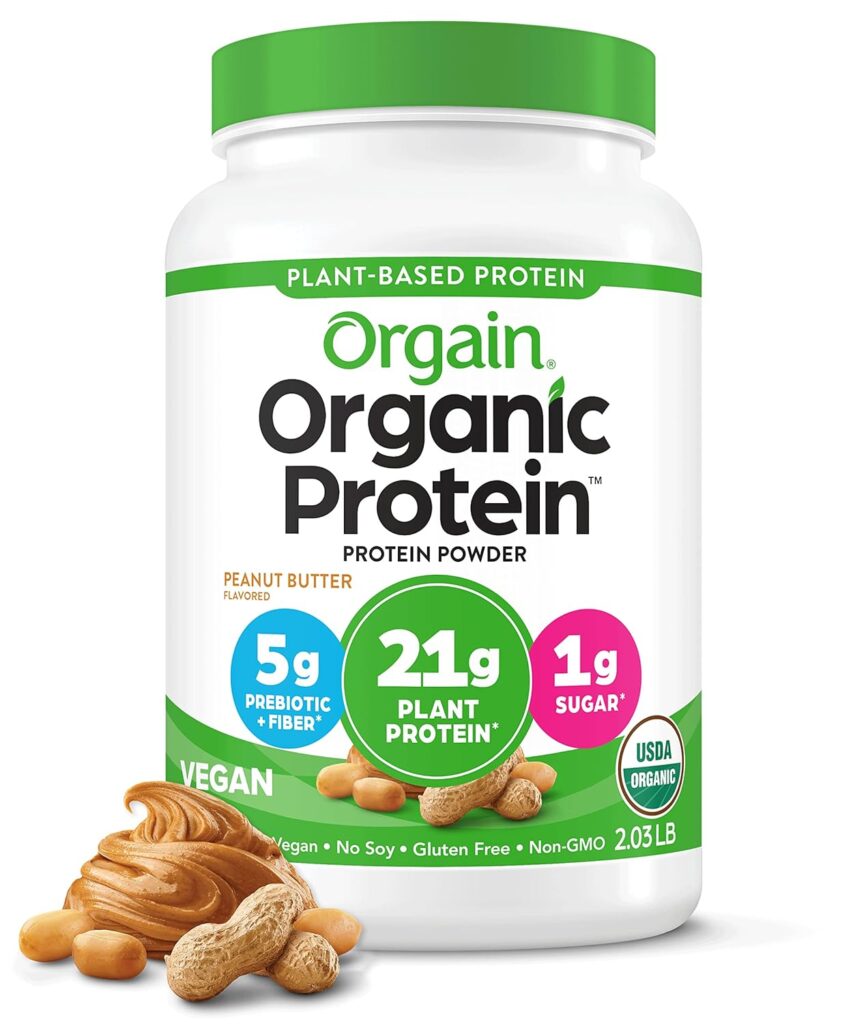 Orgain Organic Vegan Protein Powder, Peanut Butter - 21g of Plant Based Protein, Low Net Carbs, Non Dairy, Gluten Free, Lactose Free, No Sugar Added, Soy Free, Kosher, Non-GMO, 2.03 Pound