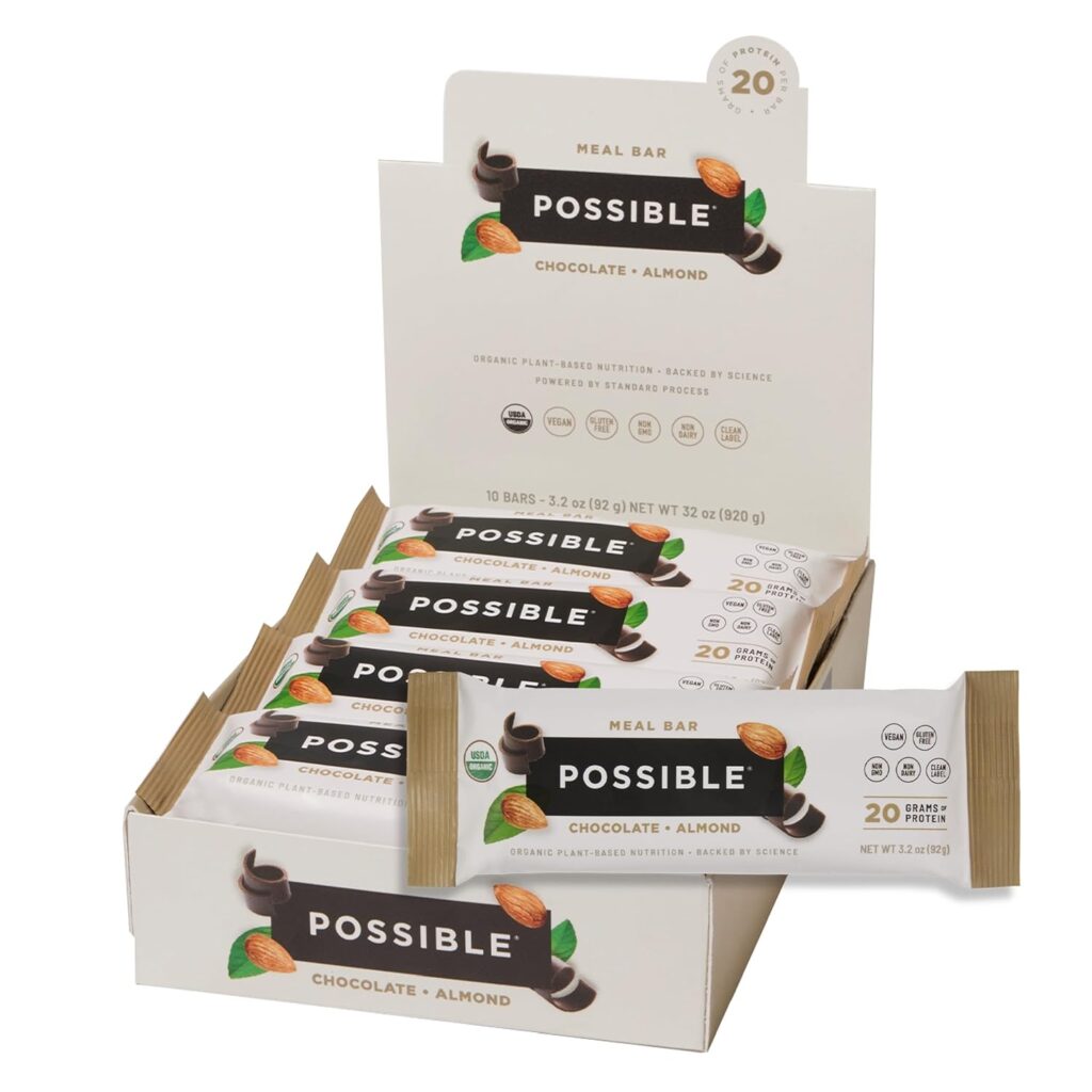 POSSIBLE Meal Bar - High Protein Energy Bars with 20g of Organic Plant-Based Protein - Vegan, Gluten-Free, Non-Dairy Bars - USDA Organic - Clean Label - 1 Box, 10 Bars - Chocolate Almond