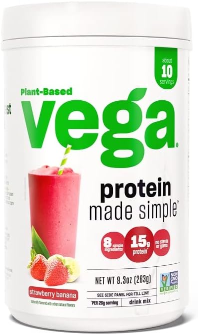 Vega Protein Made Simple Protein Powder, Strawberry Banana - Stevia Free, Vegan, Plant Based, Healthy, Gluten Free, Pea Protein for Women and Men, 9.3 oz (Packaging May Vary)