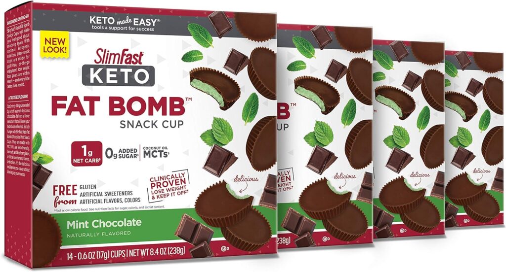 SlimFast Low Carb Chocolate Snacks, Keto Friendly for Weight Loss with 0g Added Sugar  3g Fiber, Mint Chocolate Cup, 14 Count Box (Pack of 4) (Packaging May Vary)