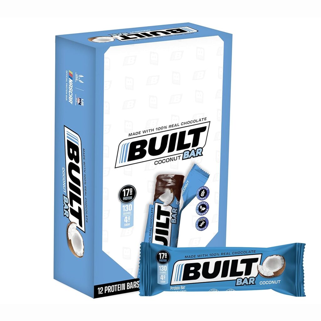 BUILT Protein Bars, Coconut, 12 Count, 1.73oz Bars, Gluten Free Protein Snacks with 17g of High Protein. Chocolate Protein Bar only 130 calories  4g sugar, Great On The Go Protein Snack or breakfast