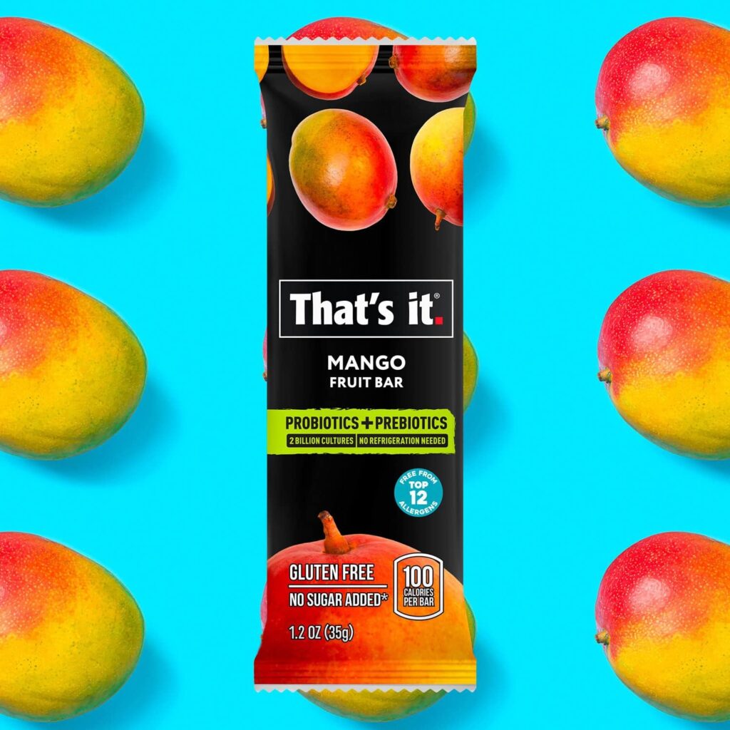 Thats it. Mango+Blueberry Variety Probiotic Fruit Bar - Immunity Booster  Support Active Cultures to Promote Healthy Gut  Digestion 100% All Natural 2 Ingredients Whole 30 Compliant, Paleo, Allergen Friendly (12 Count)