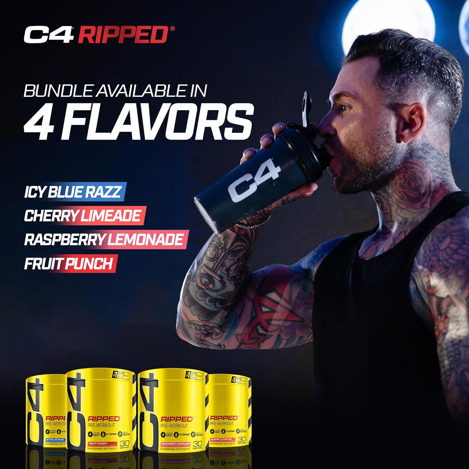 Cellucor C4 Ripped Pre Workout Powder Fruit Punch - Creatine Free + Sugar Free Preworkout Energy Supplement for Men  Women - 150mg Caffeine + Beta Alanine + Weight Loss - 30 Servings