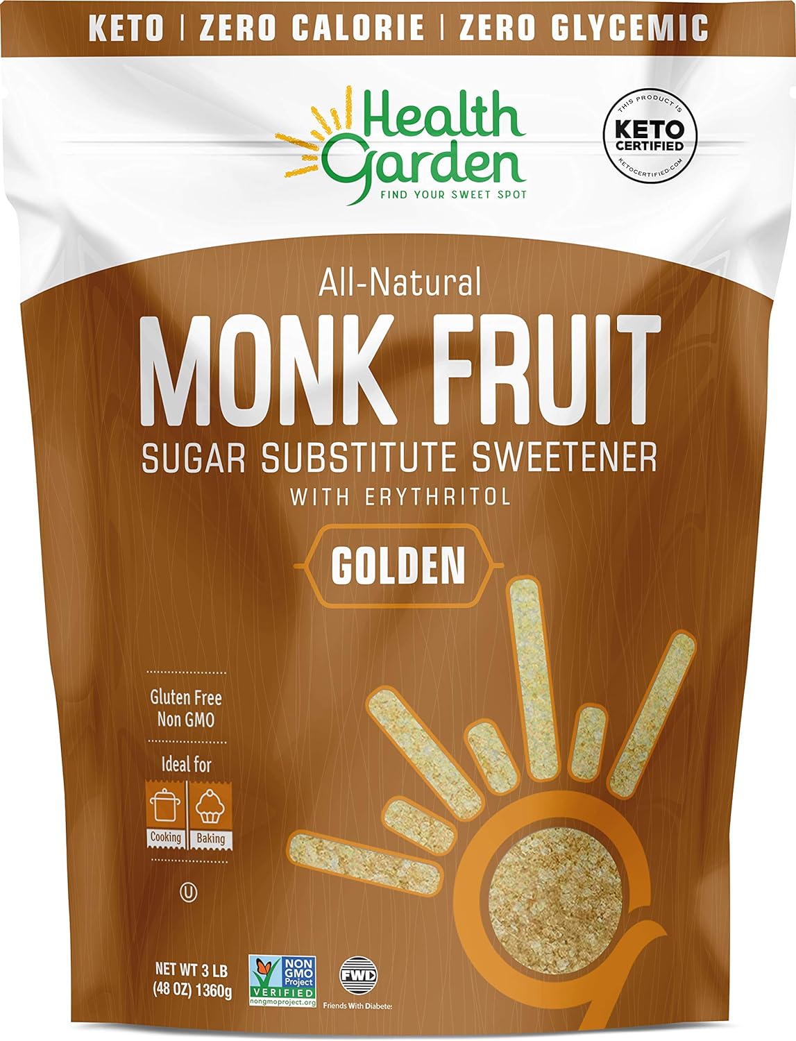 Health Garden Monk Fruit Sweetener, Golden- Non GMO - Gluten Free - Sugar Substitute - Kosher - Keto Friendly (3 lbs)