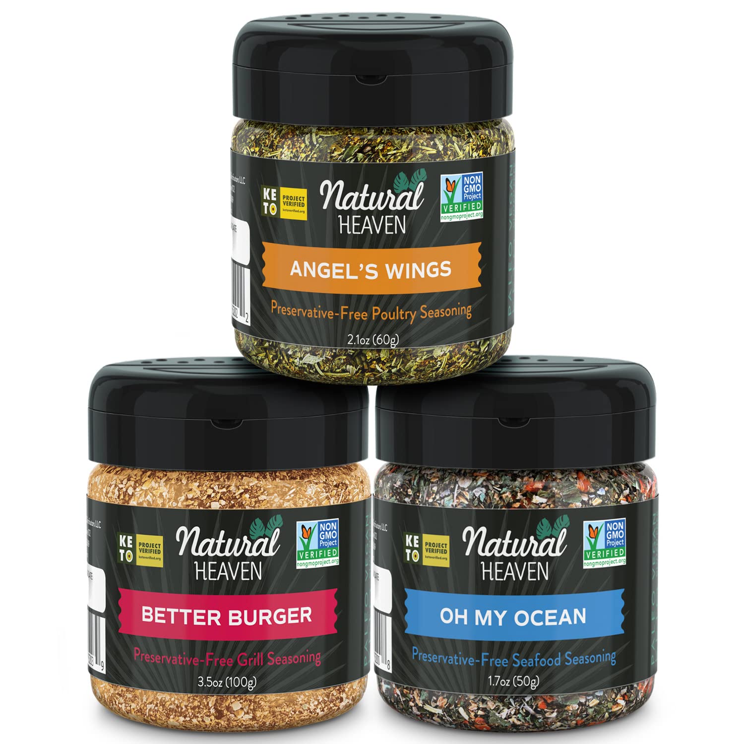 Natural Heaven Seasoning Protein Pack, Hamburger Meat Grill Seasoning (3.5 Oz), Chicken Seasoning (2.1 Oz), Salmon Seasoning (1.7 Oz) for Cooking  Grilling, Vegan, Keto, Sugar Free  Gluten Free