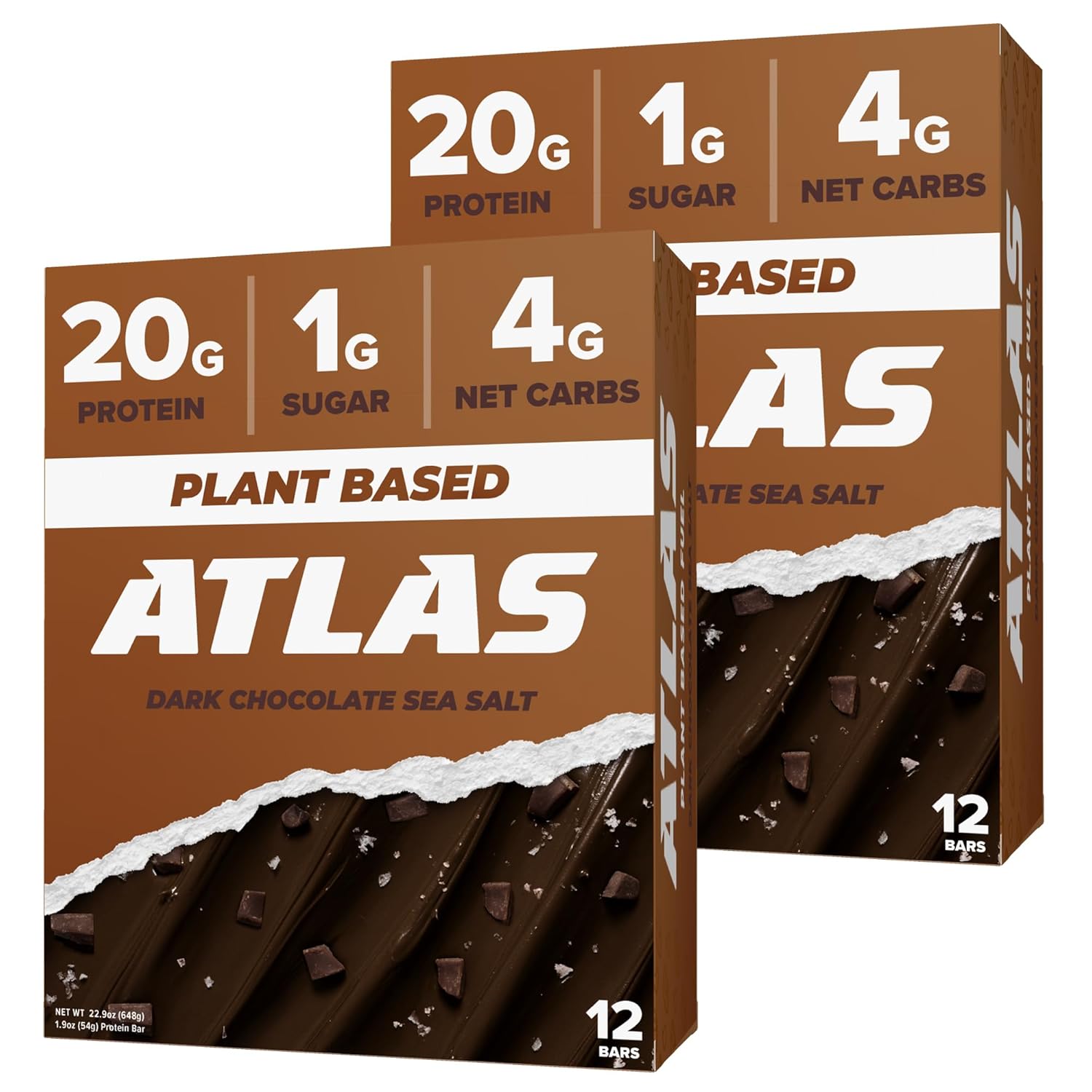 Atlas Protein Bar, 20g Plant Protein, 1g Sugar, Clean Ingredients, Gluten Free Dark Chocolate Sea Salt, 12 Count (Pack of 2)