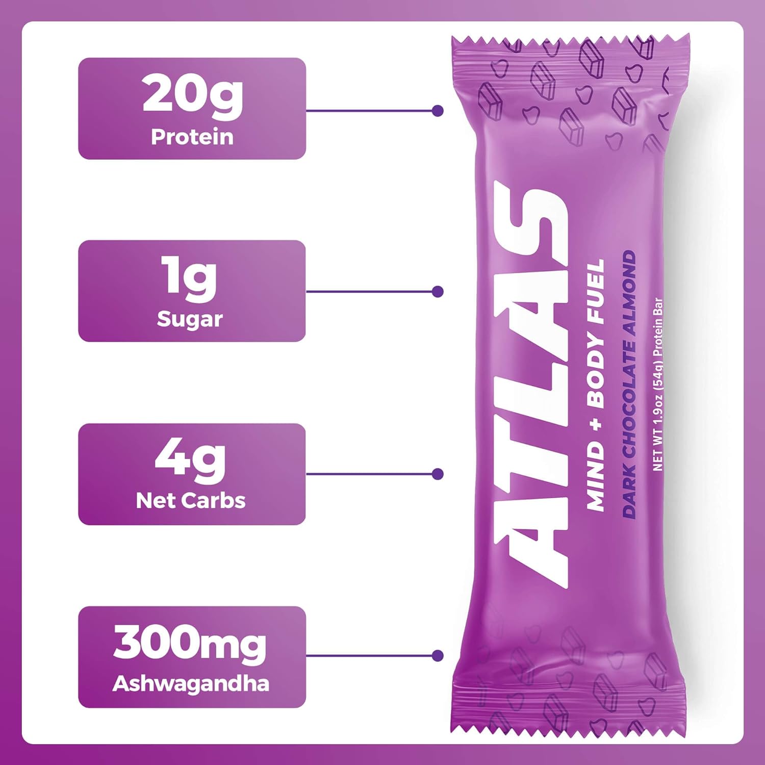 Atlas Protein Bar, 20g Protein, 1g Sugar, Clean Ingredients, Gluten Free (Dark Chocolate Almond, 12 Count (Pack of 3))