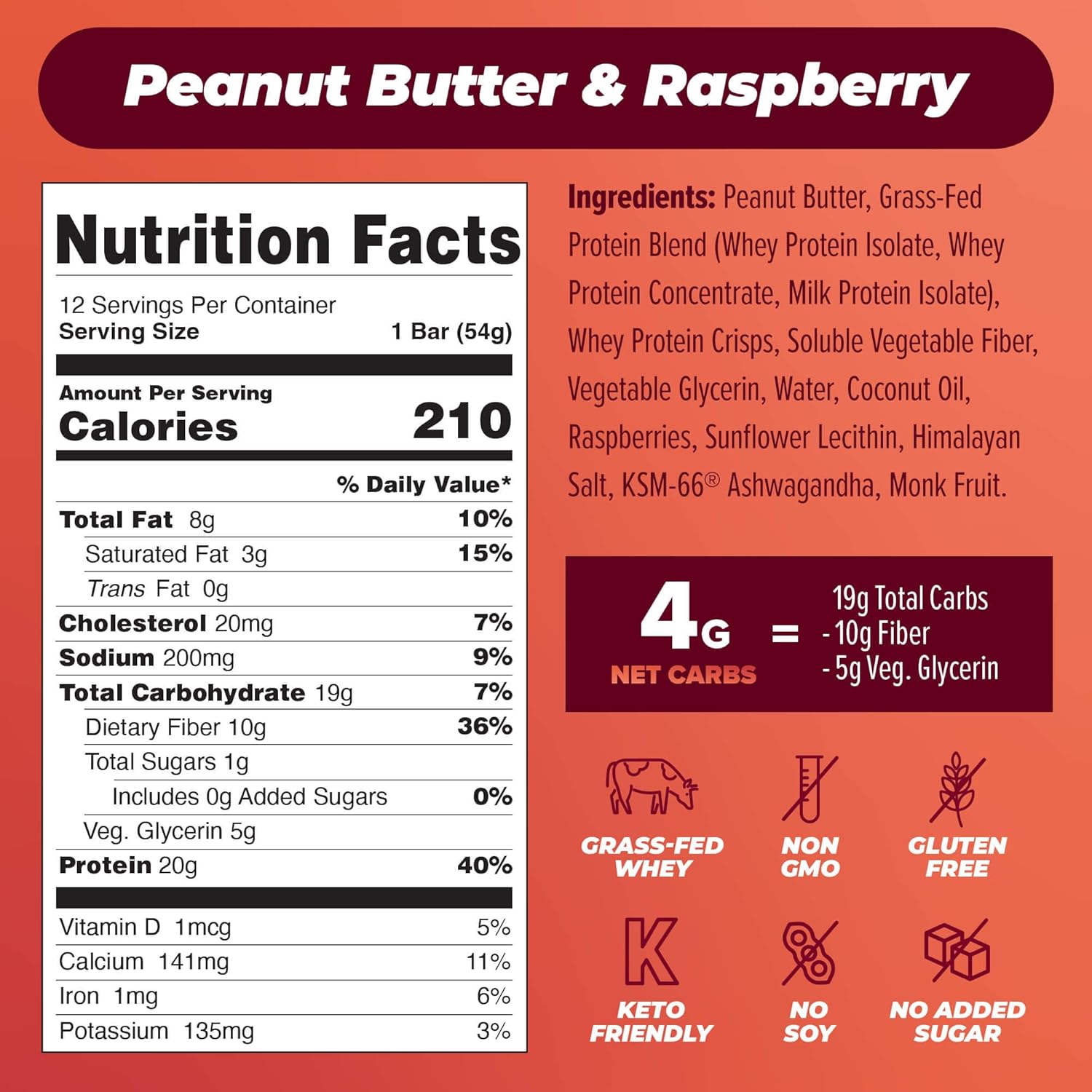 Atlas Protein Bar, 20g Protein, 1g Sugar, Clean Ingredients, Gluten Free (Peanut Butter Raspberry, 12 Count (Pack of 1))