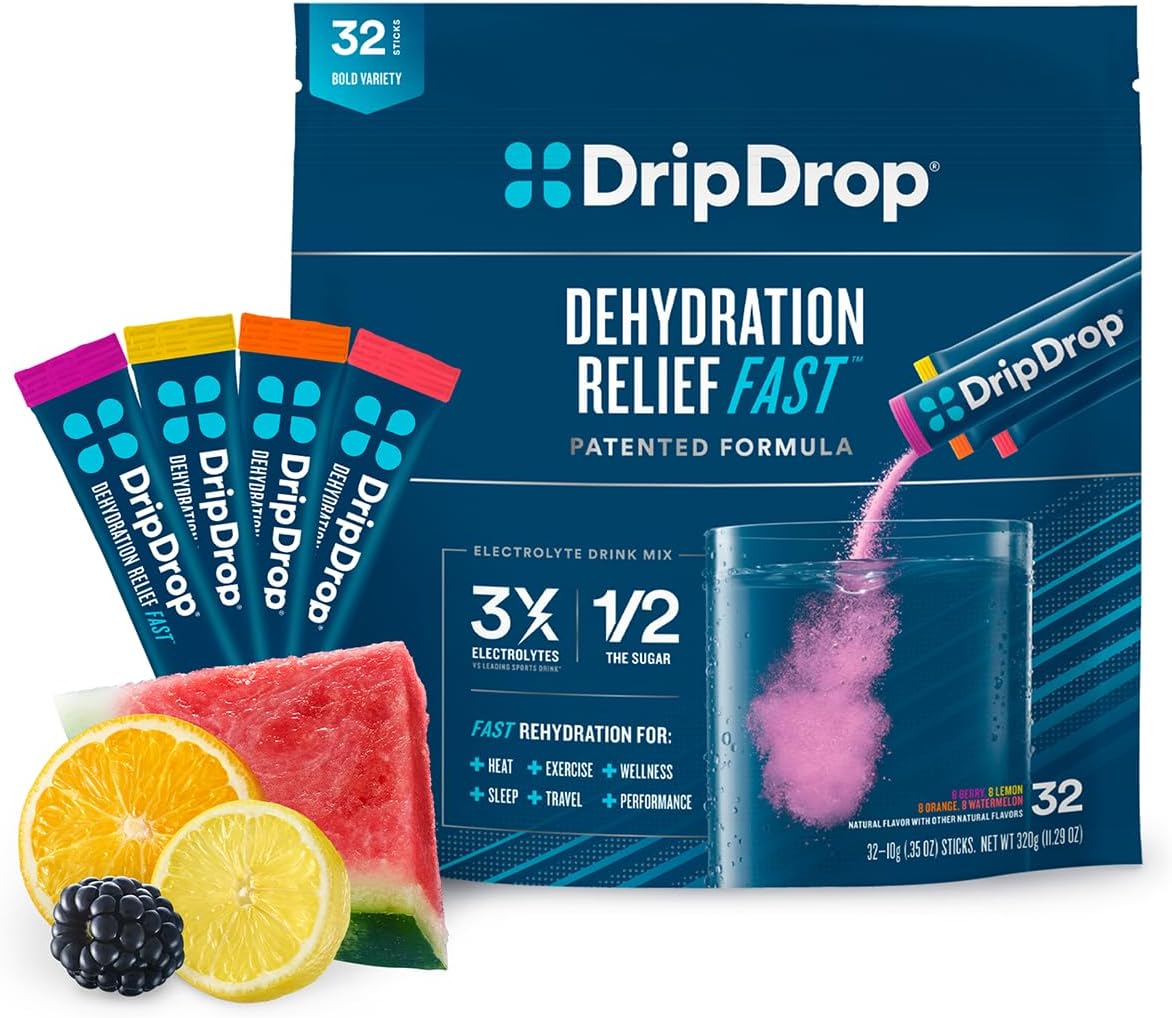 DripDrop Hydration - Bold Variety Pack - Electrolyte Drink Mix Single Serve Hydration Powder Packets - Watermelon, Berry, Lemon, Orange | Non-GMO, Gluten Free, Vegan | 32 Sticks