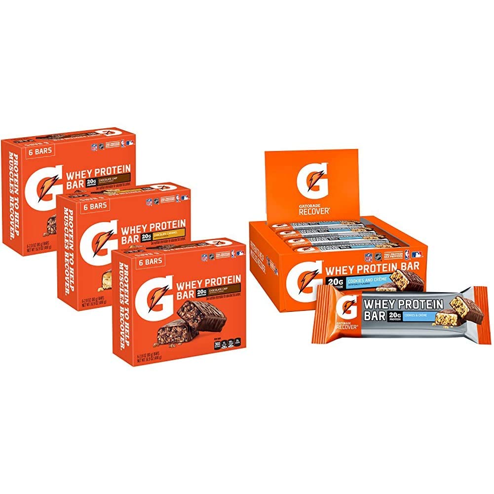 Gatorade Whey Protein Bars, Variety Pack, 2.8 oz bars (Pack of 18)  Whey Protein Bars, Cookies  Crème, 2.8 oz bars (Pack of 12, 20g of protein per bar)