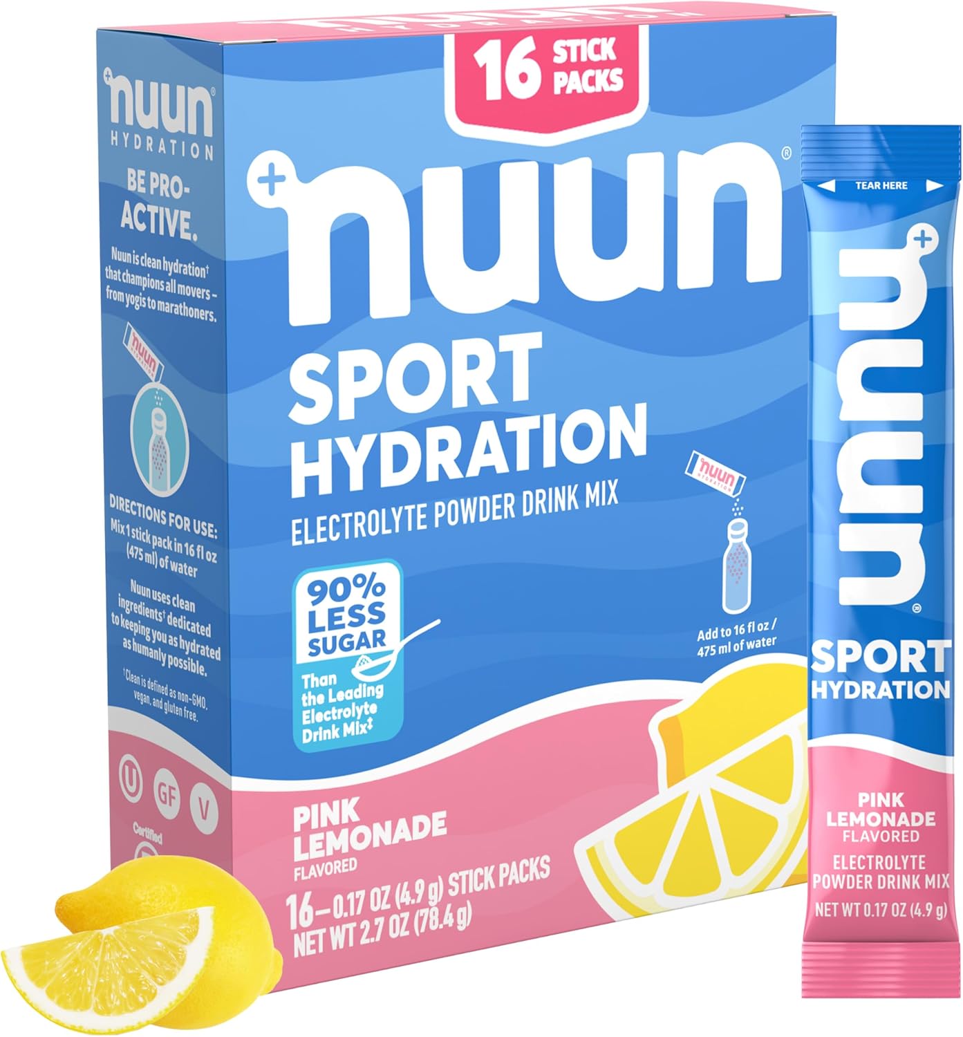 Nuun Sport Electrolyte Powder Packets - Pink Lemonade Flavor | 5 Essential Electrolytes for Hydration | Easy Open Drink Mix with Magnesium | 1g Sugar | Non GMO, Vegan | 16 Single Serving Sticks