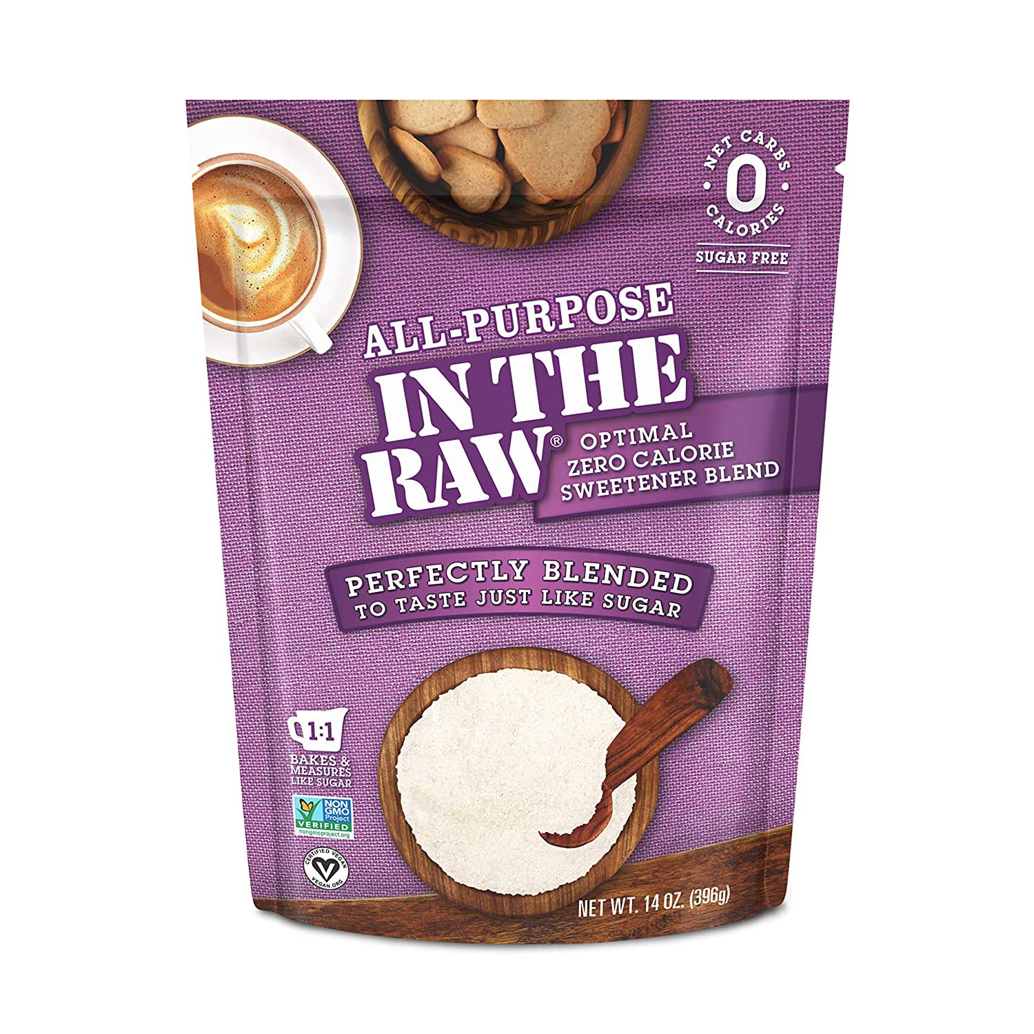 All-Purpose In The Raw Nature’s Zero Calorie Sweetener, Sugar Free Substitute Baking, Coffee, Stevia, Monk Fruit, Allulose, Erythritol Blend, Keto, Low Carb, Vegan, Gluten Free, 14 Oz (Pack of 1)