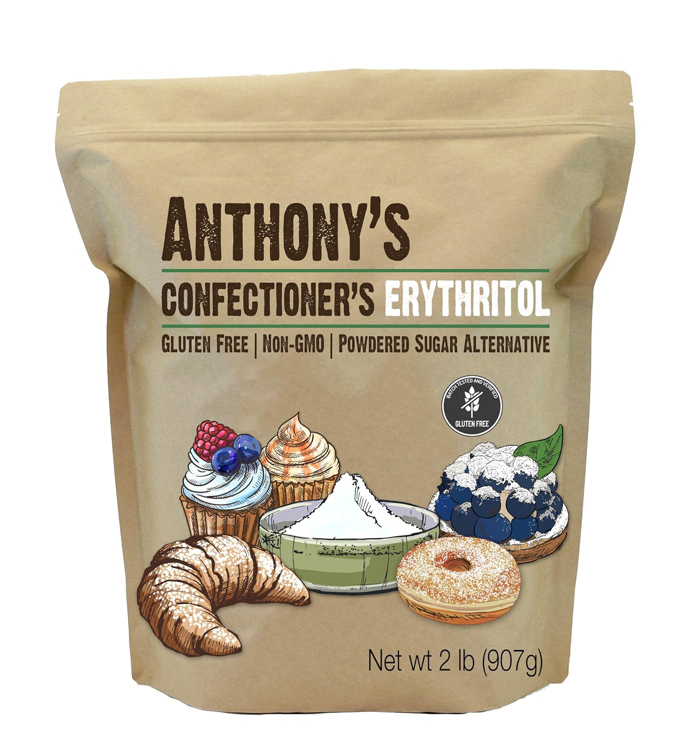 Anthonys Confectioners Erythritol Powder, 2 lb, Non GMO, Sweetener, Zero Calorie, Keto  Paleo Friendly