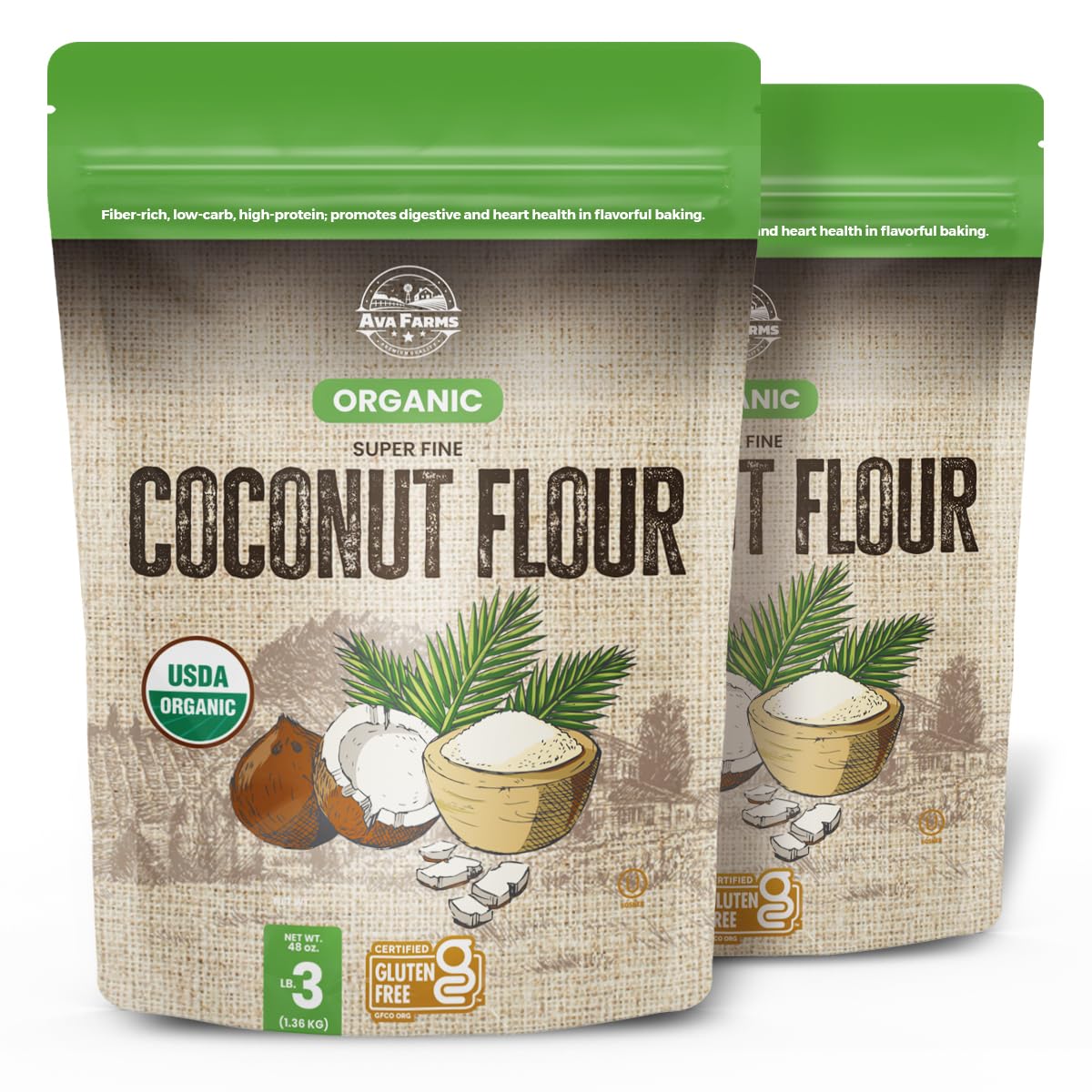 Ava Farms 2-Pack Organic Coconut Flour – 3 LB Gluten Free, Non-GMO, Vegan, Keto Friendly Flour for Baking, Cooking – High Fiber Low Carb Rich in Nutrients