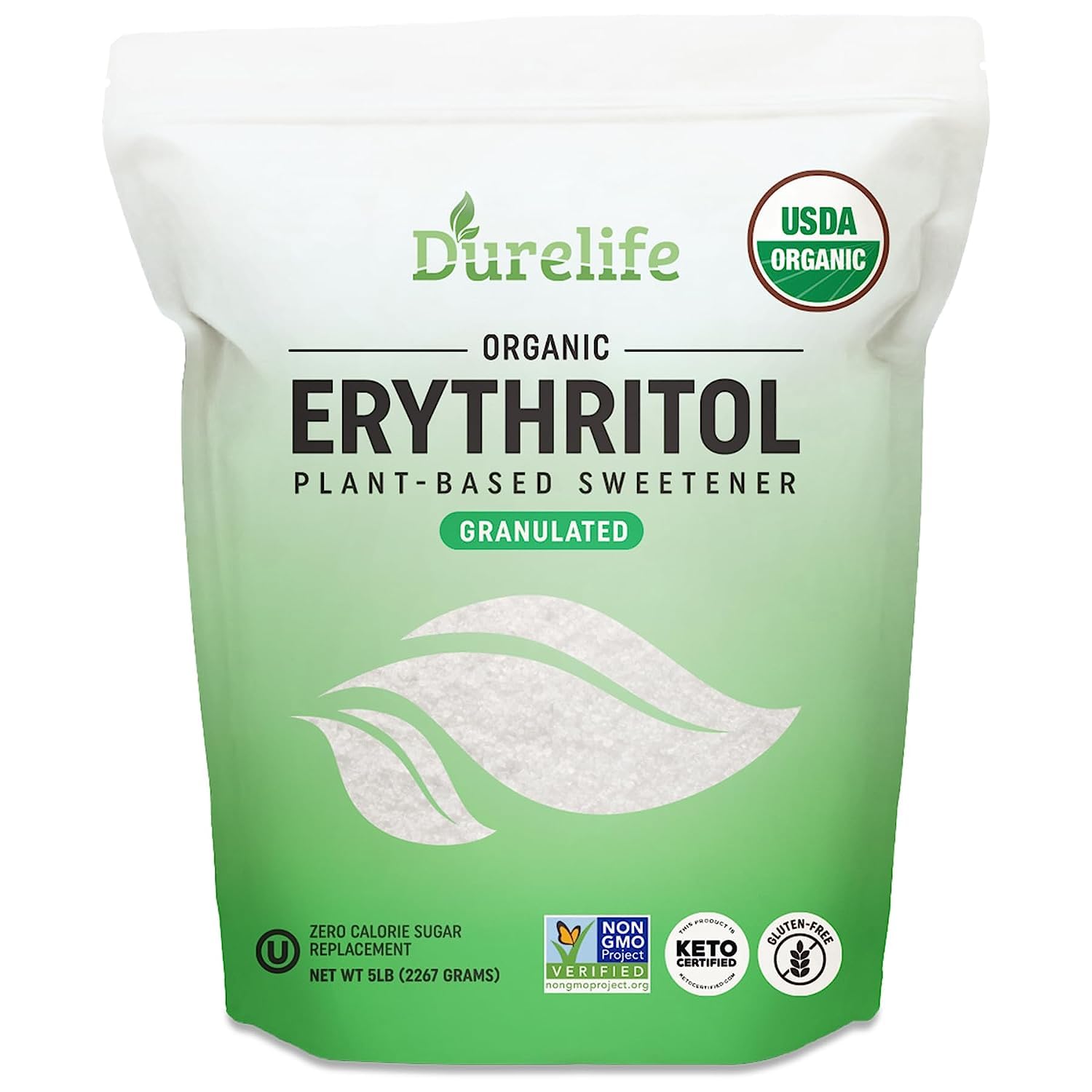 Durelife USDA organic erythritol sweetener, non gmo verified, Keto certified, No After Taste, Kosher, Zero Calorie Plant-Based Sugar Alternative (1, 5 LB (80 oz))