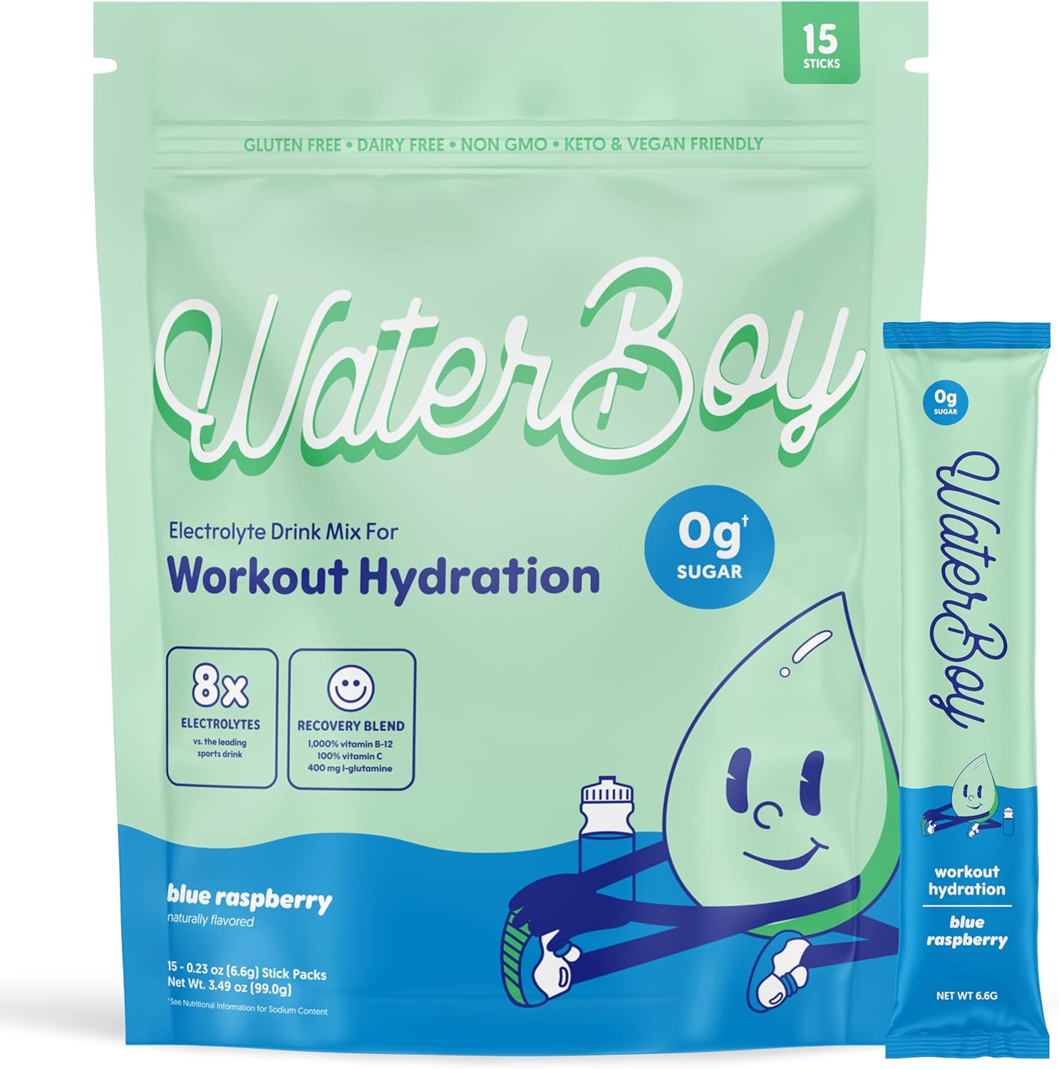 Waterboy Workout Hydration | 2,960mg Sugar Free Electrolyte Powder Packets | L-Glutamine + Vitamins | No Sugar, All Natural, Gluten Free (Variety)