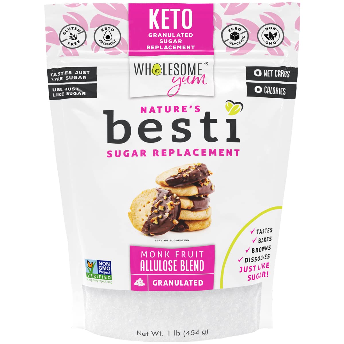 Wholesome Yum Besti Natural Sugar Substitute - Granulated Monk Fruit Sweetener Blend With Allulose (No Erythritol) - Keto, Non GMO, Zero Calorie, Zero Carb, Sugar Free, No Aftertaste (1 lb)