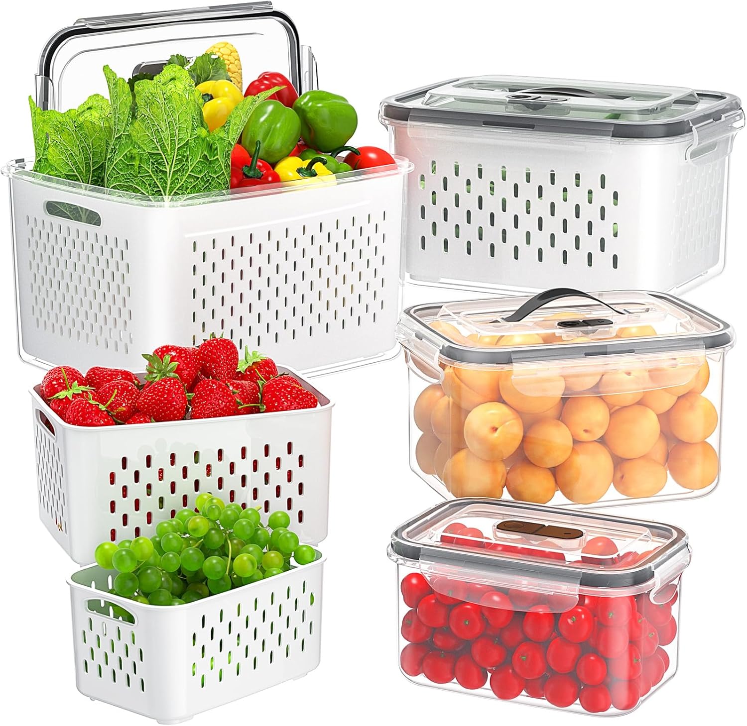 4-Pack Fruit-Storage-Containers for Fridge with Colander, Airtight Food Storage Containers with Lids  Handle, Produce Storage Bins Set for Refrigerator for Salad Berry Lettuce Vegetables Meat