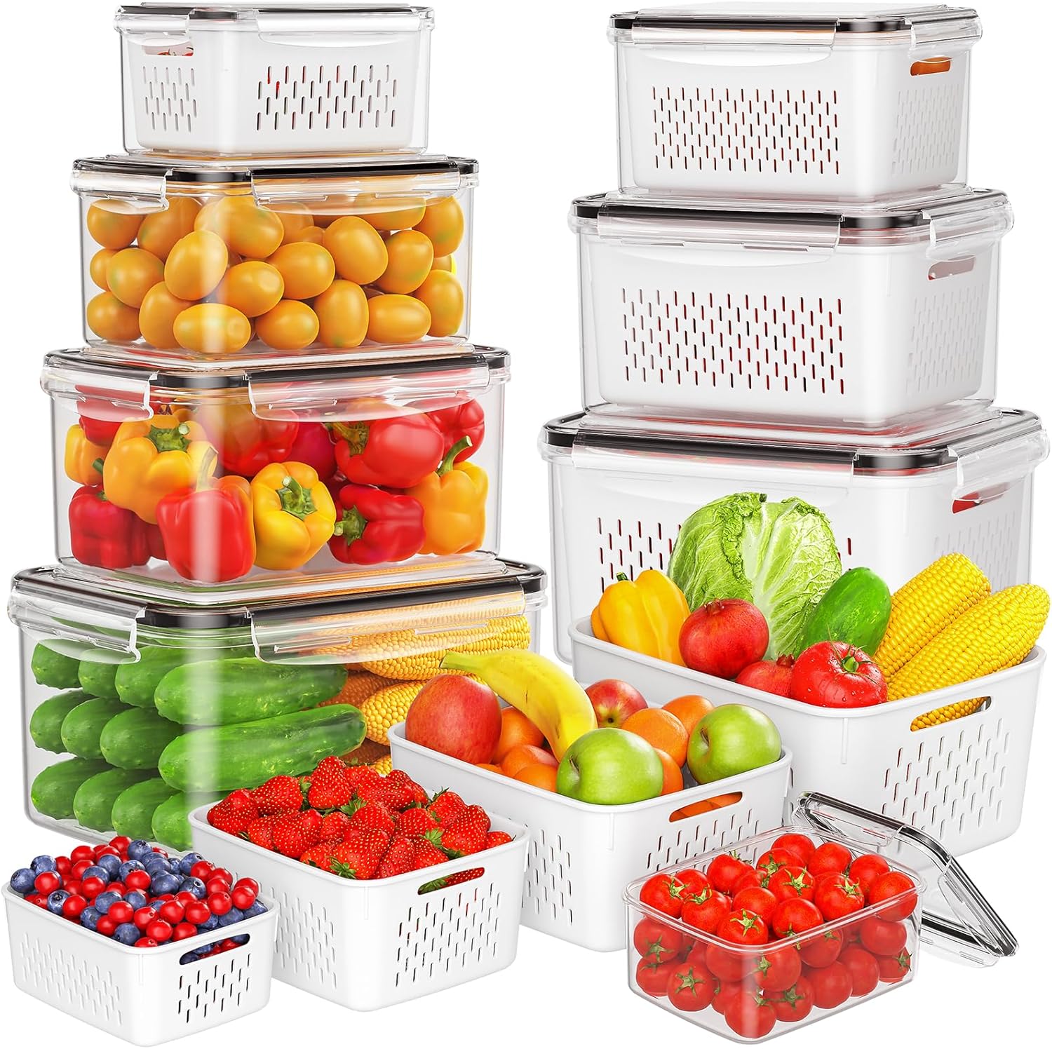 8-Pack Fruit Storage Containers for Fridge, Leakproof Fruit Containers for Fridge with Colanders, BPA-Free Produce Storage Containers with Lids Keep Fruits, Vegetables, Berry, Meat Fresh longer