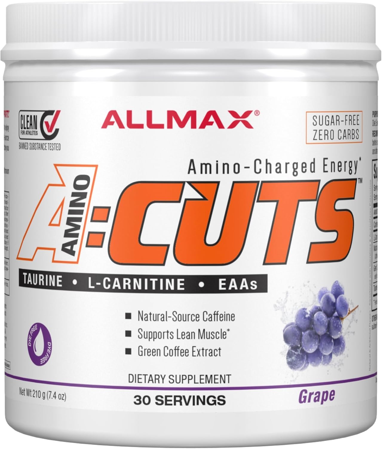 ALLMAX Nutrition AMINOCUTS (ACUTS), Amino-Charged Energy Drink with Taurine, L-Carnitine, Green Coffee Bean Extract, Grape Escape, 30 Servings