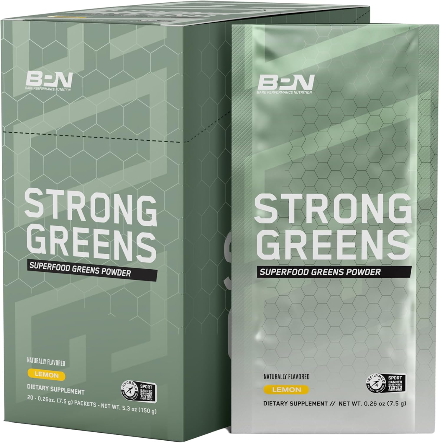 BARE PERFORMANCE NUTRITION BPN Strong Greens Go Packs, Lemon, Superfood Greens Powder Drink Mix Packets