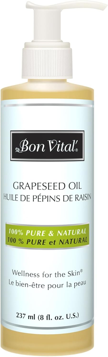 Bon Vital Grapeseed Oil, 100% Pure Skin Toner and Massage Oil, For Hair Care, Aromatherapy, and Massage, Helps Reduce Wrinkles and Prevents Premature Aging, Skin Moisturizer, 8 Oz, Label may Vary