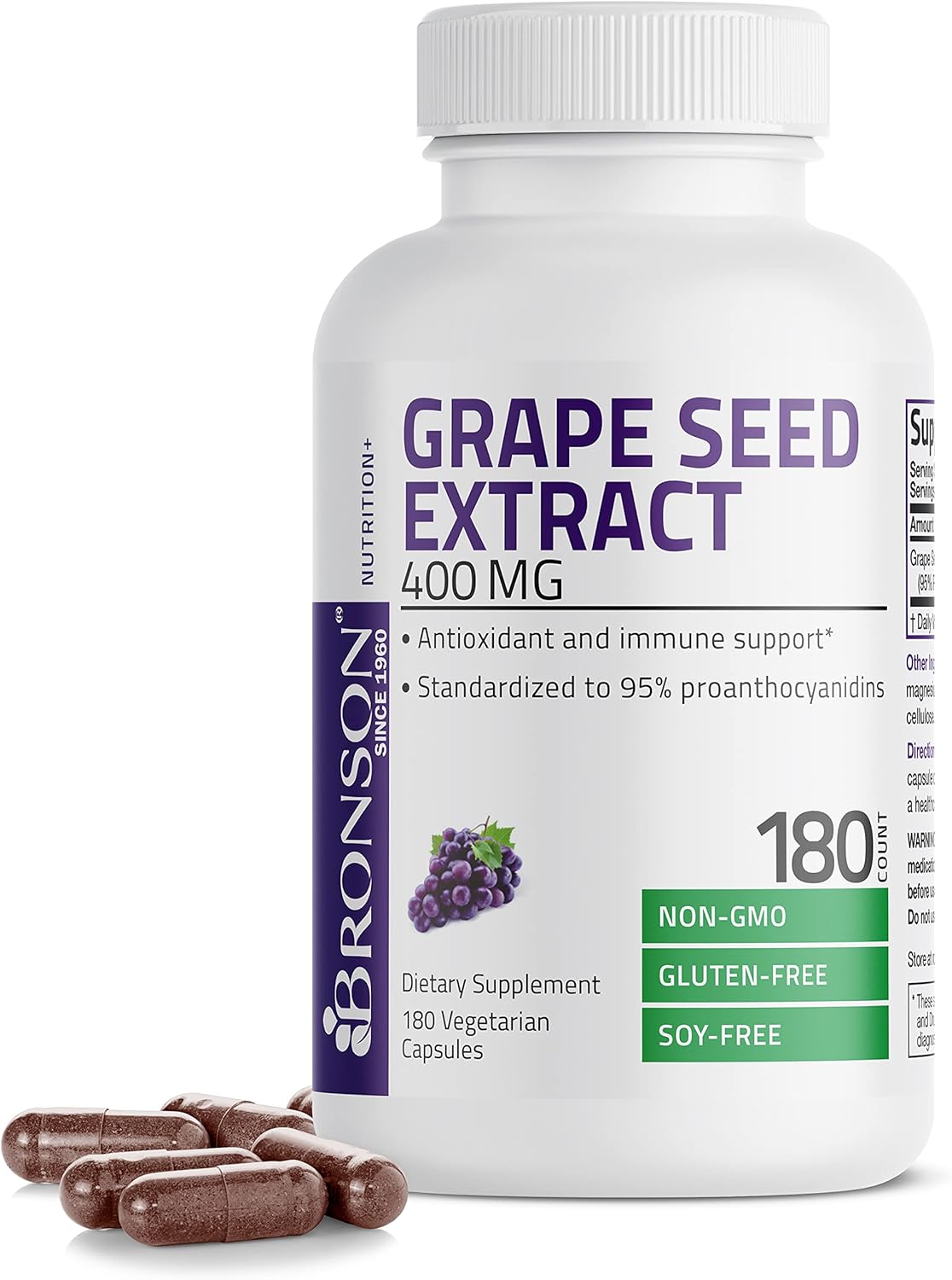 Bronson Grape Seed Extract 400 mg - Antioxidant  Immune Support - Standardized Extract with 95% Proanthocyanidins- Non GMO, 180 Vegetarian Capsules