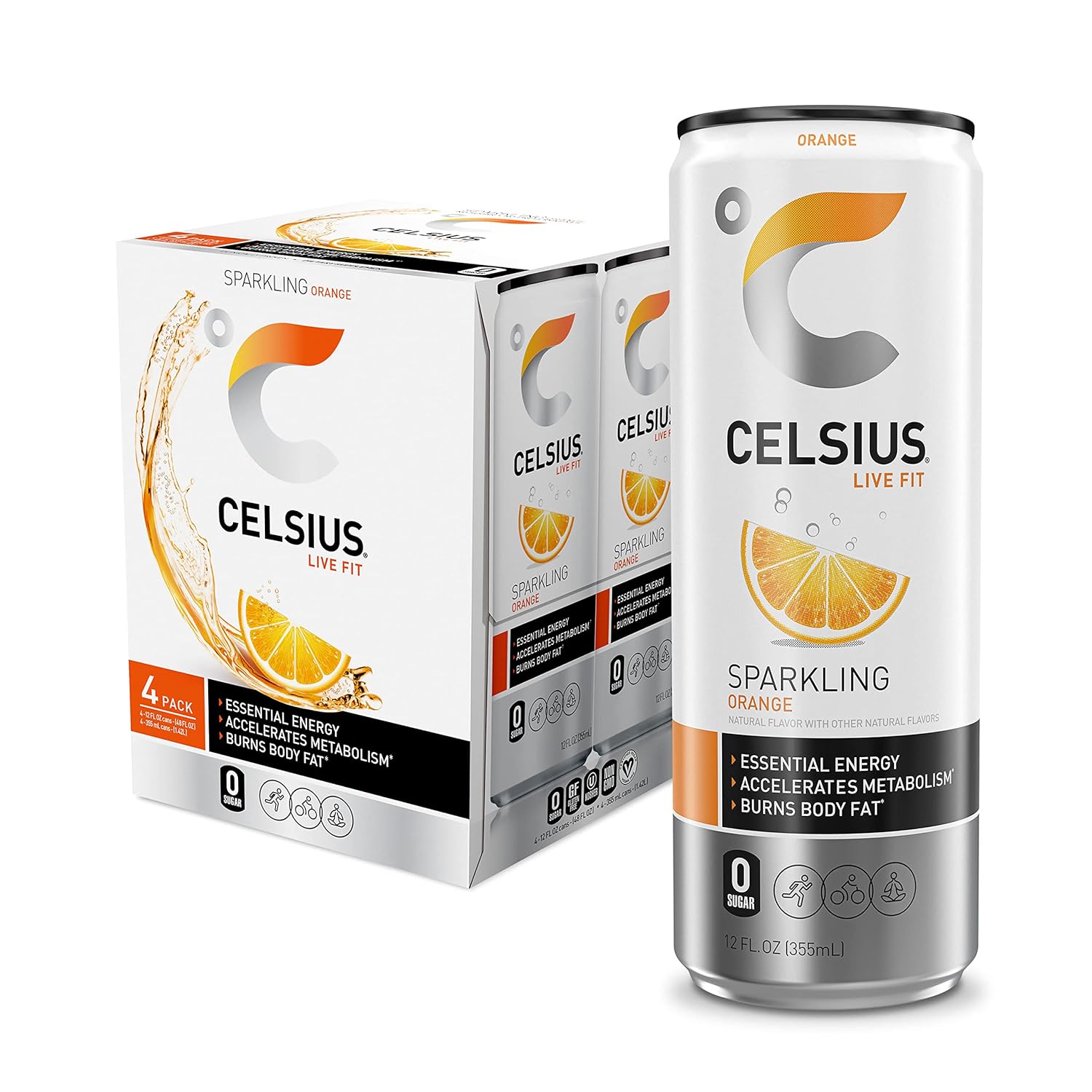 CELSIUS Sparkling Orange, Functional Essential Energy Drink 12 Fl Oz (Pack of 4)