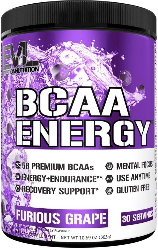 EVL BCAAs Amino Acids Powder - BCAA Energy Pre Workout Powder for Muscle Recovery Lean Growth and Endurance - Rehydrating BCAA Powder Post Workout Recovery Drink with Natural Caffeine - Furious Grape