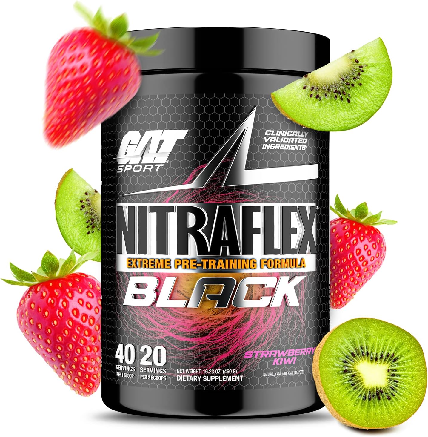 GAT Sport Nitraflex Black, Extreme Pre-Training Formula, 40 Servings (Strawberry Kiwi) 19 ounces 16.23 Ounce