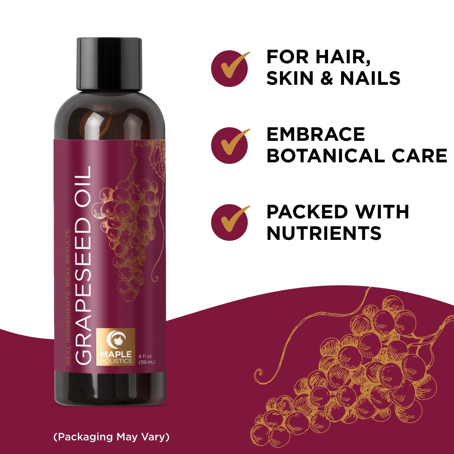 Grapeseed Oil for Hair Skin and Nails - Pure Grapeseed Carrier Oil for Skin and Moisturizing Body Oil for Dry Skin - Grapeseed Oil for Skin Rich in Vitamin A E K and Omega 3 for Anti Aging Skin Care