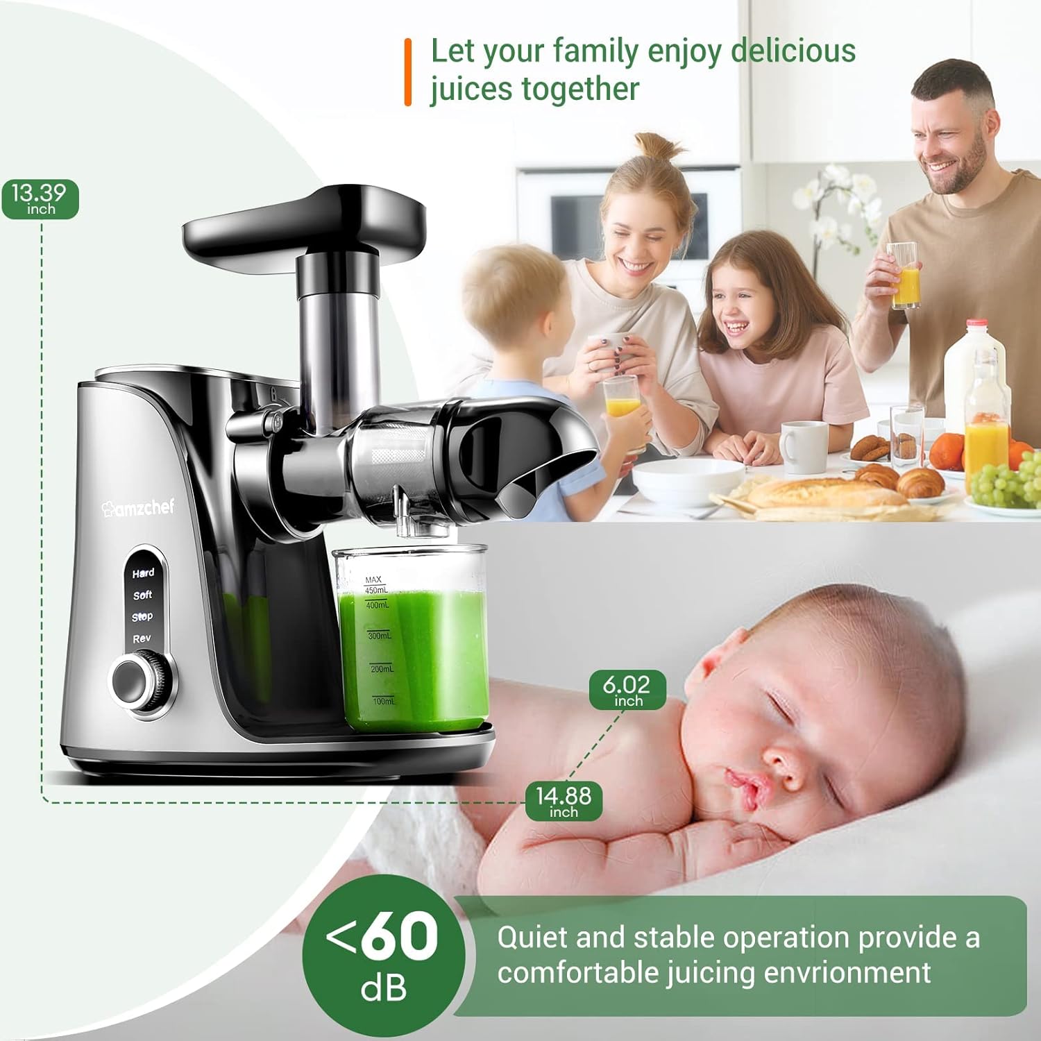 Juicer Machines, AMZCHEF Slow Cold Press Juicer with 2 Speed Modes, Travel bottles(500ML), LED display, Easy to Clean Brush  Quiet Motor for Vegetables  Fruits, Green