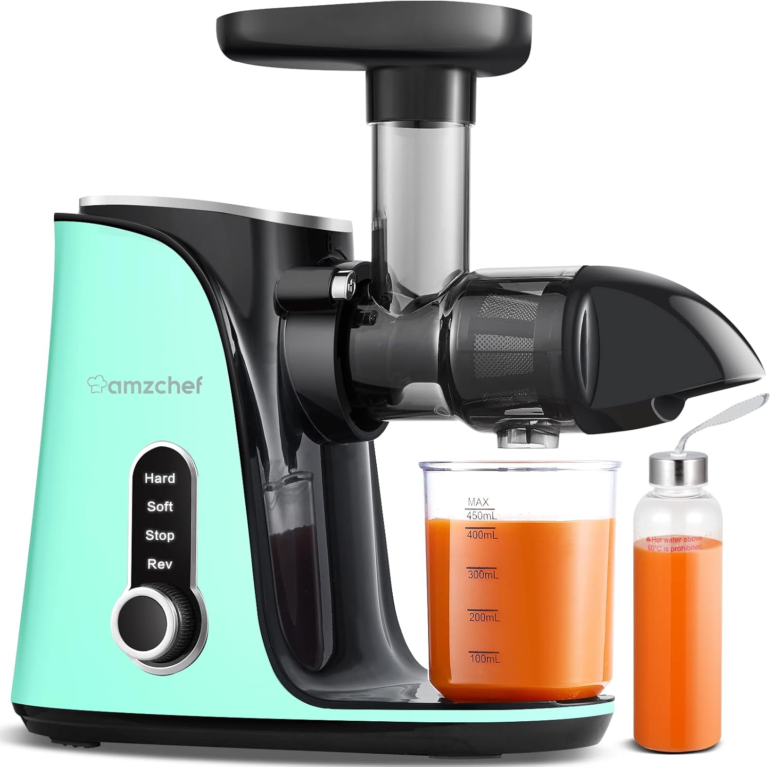 Juicer Machines, AMZCHEF Slow Cold Press Juicer with 2 Speed Modes, Travel bottles(500ML), LED display, Easy to Clean Brush  Quiet Motor for Vegetables  Fruits, Green