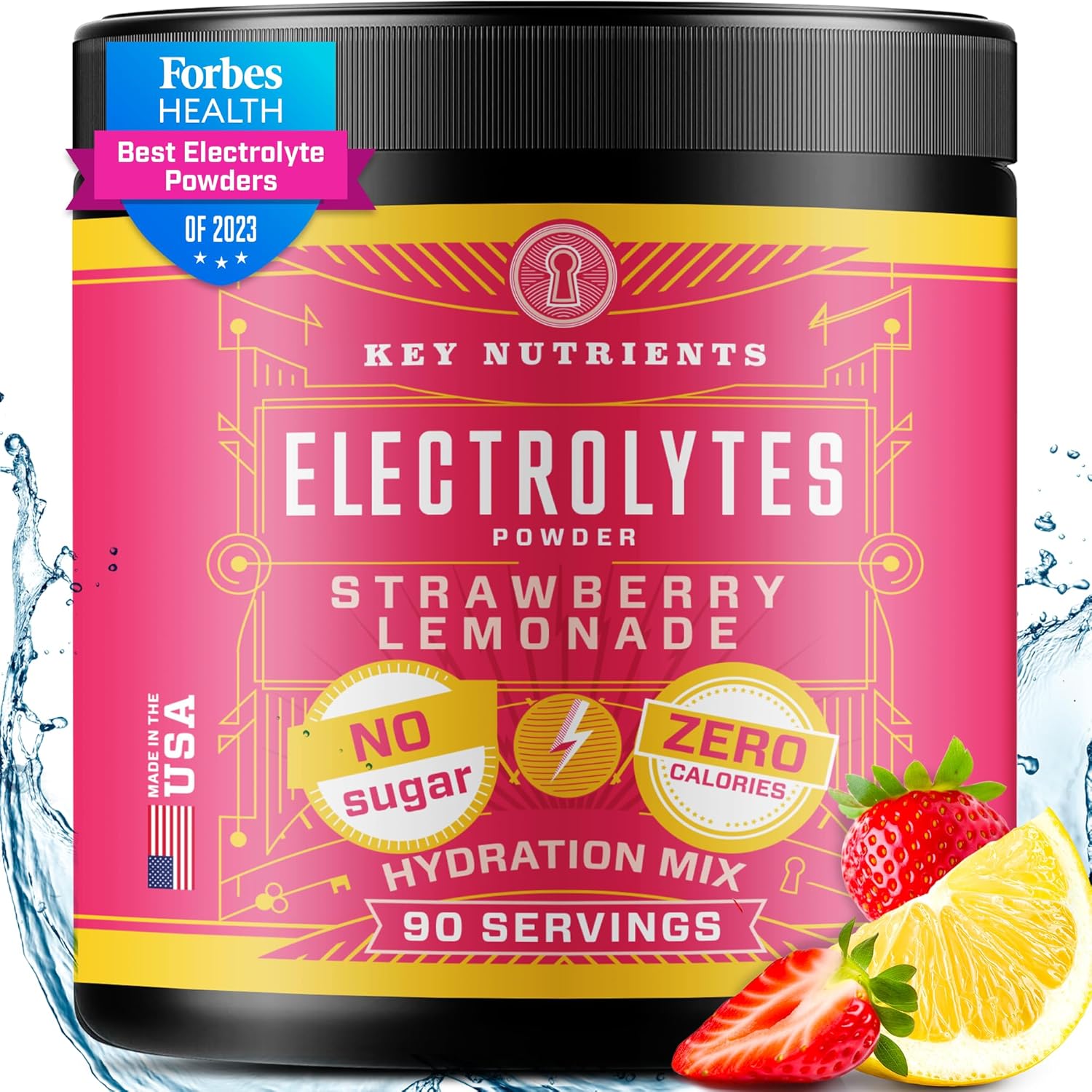 KEY NUTRIENTS Electrolytes Powder No Sugar - Juicy Strawberry Lemonade Electrolyte Powder - Hydration Powder - No Calories, Gluten Free Keto Electrolytes Powder - 90 Servings - Made in USA